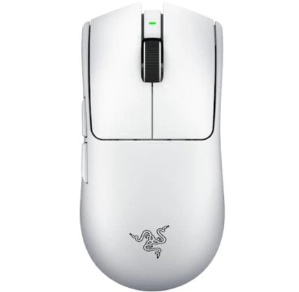 Wireless white computer mouse viewed from the top, with a green LED indicator on the scroll wheel and Razer logo on the palm area