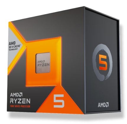 Box for an AMD Ryzen 5 7000 series processor with orange accents, Ryzen logo, and '3D V-Cache Technology' label.