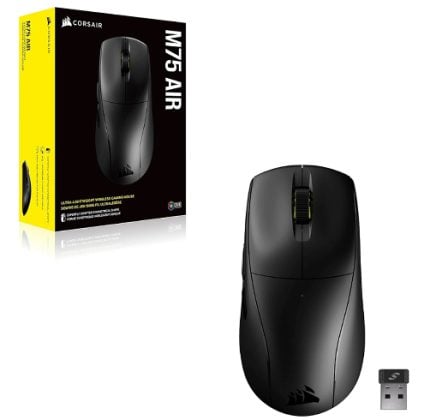 Corsair M75 Air wireless gaming mouse with USB receiver beside its packaging box.