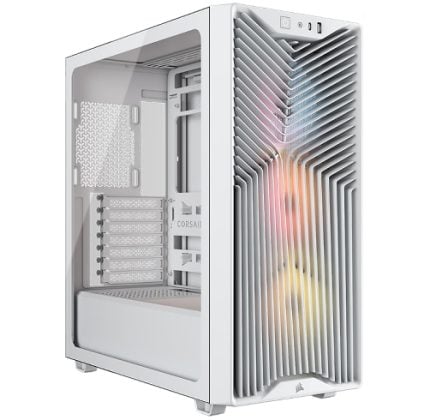 White mid-tower PC case with a distinctive ribbed front panel and RGB-lit fans visible through the front grille