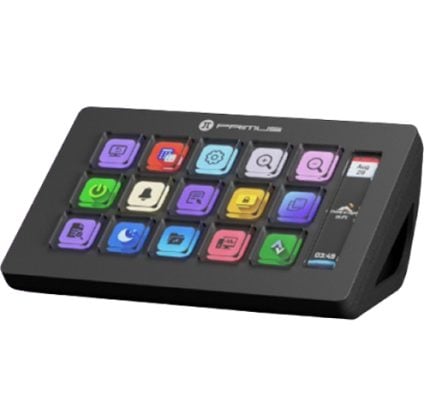 Black angled macro keypad with 15 color-coded buttons used to trigger shortcuts or macros in a grid layout