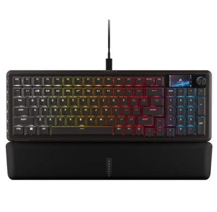 Wired RGB backlit keyboard with rainbow-colored keys resting above a black wrist rest on a white background