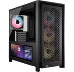 Black mid-tower PC case with tempered glass side panel and front mesh, showing RGB-lit fans and internal components visible through the window