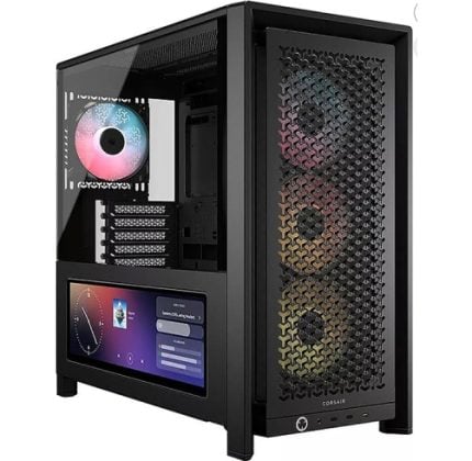 Black mid-tower PC case with tempered glass side panel and front mesh, showing RGB-lit fans and internal components visible through the window