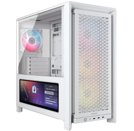White mid-tower PC case with a glass side panel showing internal components and RGB-lit fans at the front and top interior.