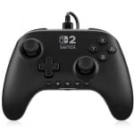 Front view of a black wired Nintendo Switch controller (Pro controller) with D-pad, two analog sticks, and A, B, X, Y buttons.