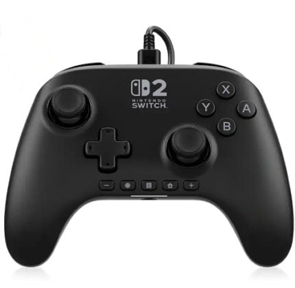 Front view of a black wired Nintendo Switch controller (Pro controller) with D-pad, two analog sticks, and A, B, X, Y buttons.