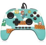 Turquoise Mario-themed wired game controller with Super Mario blocks and cloud background, two analog sticks, D-pad, and A/B/X/Y buttons