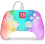 Rainbow pastel Nintendo Switch Pro Controller with wired connection and white buttons.