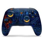 Blue Pac-Man themed game controller with neon circuitry, yellow-trimmed sticks, D-pad, and A/B/X/Y buttons.