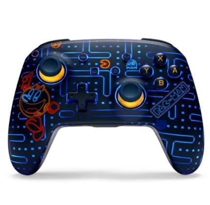 Blue Pac-Man themed game controller with neon circuitry, yellow-trimmed sticks, D-pad, and A/B/X/Y buttons.