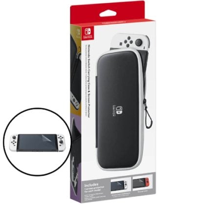 Nintendo Switch carrying case in retail packaging; black case with white trim and wrist strap.