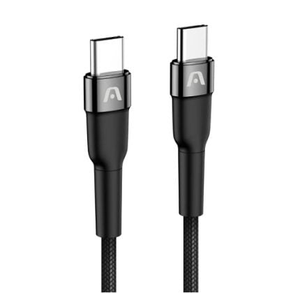 Two black braided USB-C cables with metal connectors and a brand logo, side by side.