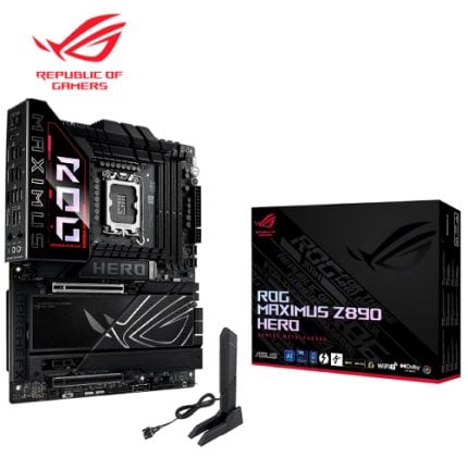 ASUS ROG Maximus Z390 Hero motherboard with Wi‑Fi antenna and its black product box showing the ROG logo