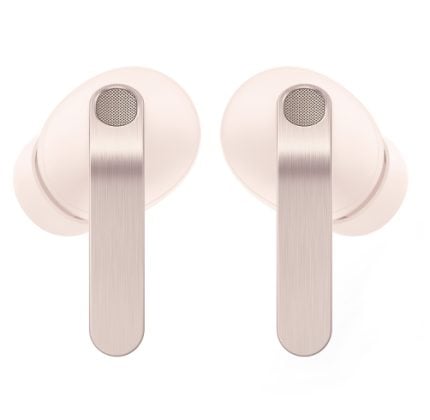 Pair of beige wireless earbuds with brushed metal stems, shown from the front.