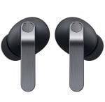 Pair of true wireless earbuds with black silicone tips and brushed metal stems (left and right).