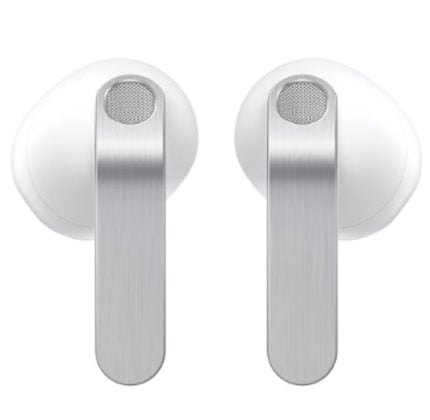 Pair of white wireless earbuds with silver brushed-metal stems, shown from the front.