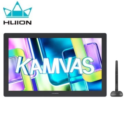 Huion Kamvas drawing tablet with stylus and stand‑alone display, Kamvas branding visible on screen and logo top-left