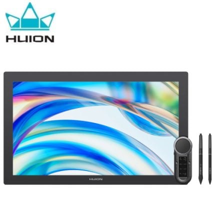 Huion drawing tablet with a large display, logo top left, plus a stylus and two extra pens beside it.