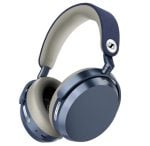 Blue over-ear headphones with beige cushions and padded headband, shown from a side angle (Sennheiser logo on ear cup).