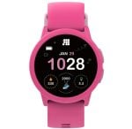 Pink smartwatch with a round black display showing date Jan 29, time 10:28, and activity stats (calories, steps, distance).