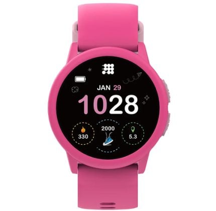 Pink smartwatch with a round black display showing date Jan 29, time 10:28, and activity stats (calories, steps, distance).