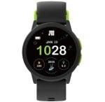Round black smartwatch with neon-green accents on the side and a black band; screen shows time 10:28, date Jan 29, and three activity rings.