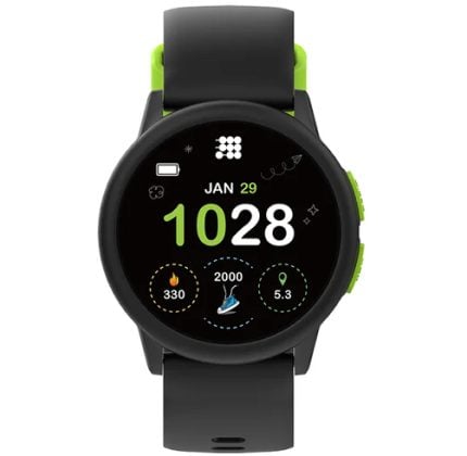 Round black smartwatch with neon-green accents on the side and a black band; screen shows time 10:28, date Jan 29, and three activity rings.