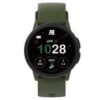 Green-band smartwatch with round black face displaying date and fitness metrics on the screen.