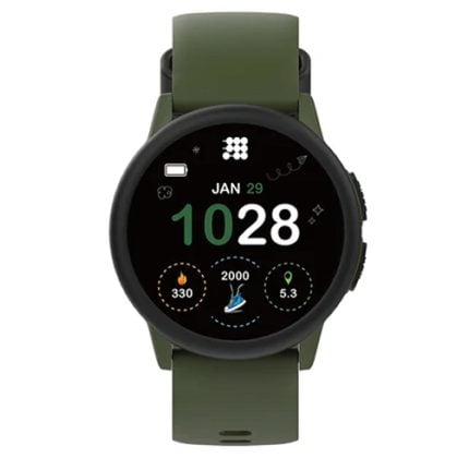 Green-band smartwatch with round black face displaying date and fitness metrics on the screen.