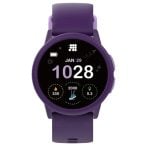 Purple round smartwatch with a matching strap showing time 10:28 and date JAN 29 on a black display with activity metrics