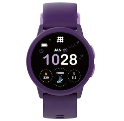 Purple round smartwatch with a matching strap showing time 10:28 and date JAN 29 on a black display with activity metrics