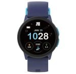 Round smartwatch with blue band showing time 10:28 and activity metrics on a black display.