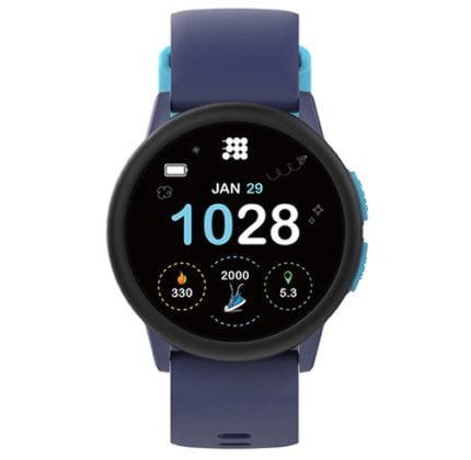 Round smartwatch with blue band showing time 10:28 and activity metrics on a black display.