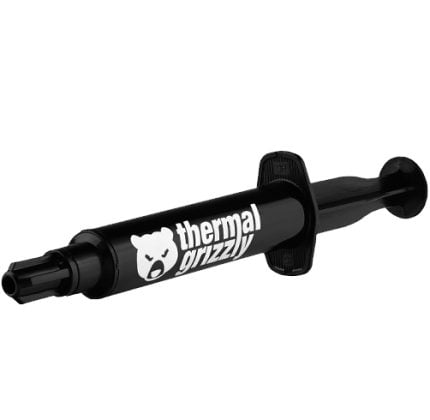 Black Thermal Grizzly thermal paste syringe with nozzle and plunger, angled to the left against a white background