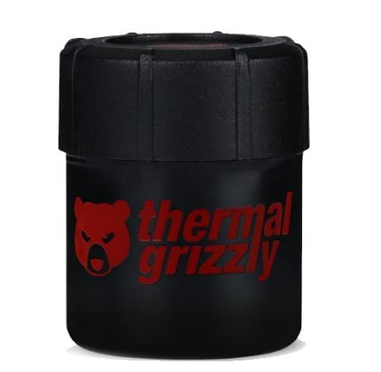 Black Thermal Grizzly thermal paste container with red logo and bear icon on a black jar.