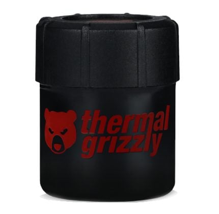 Tub of Thermal Grizzly thermal paste with a black cap and red branding on a black jar