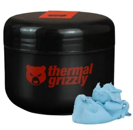 Black jar of Thermal Grizzly thermal paste with red logo, accompanied by a blue lump of paste.