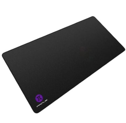 Black rectangular mouse pad with rounded corners, featuring a small purple circular logo in the bottom-left corner.