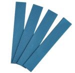 Four blue abrasive sanding belts laid out in a fan shape.