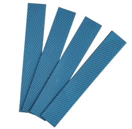 Four blue abrasive sanding belts laid out in a fan shape.