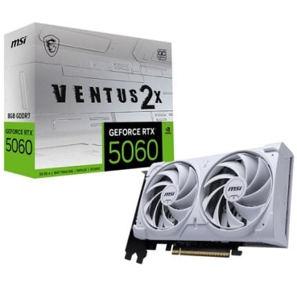 MSI GeForce RTX 5060 Ventus 2X graphics card with dual white fans, shown beside its white box with green 5060 label.