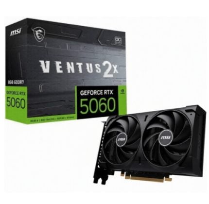 MSI Ventus 2X GeForce RTX 5060 graphics card with dual fans beside its black-and-green box.