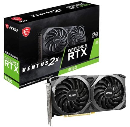 MSI GeForce RTX 3060 Ventus 2X graphics card with dual fans next to its black and green retail box.
