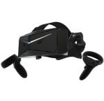 Black virtual reality headset with two wireless controllers floating beside it, ready for play.