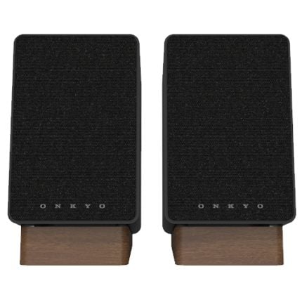 Pair of Onkyo bookshelf speakers with black fabric grilles and wooden bases, shown side by side for stereo setup.