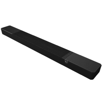 Long black TV soundbar with a textured grille on the right and control panel near the end of the bar (wall-ready home theater speaker).