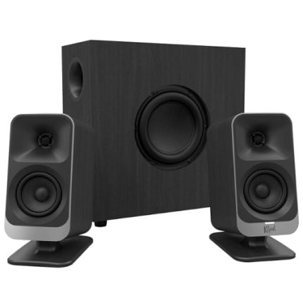Two satellite speakers with a wooden subwoofer, part of a 2.1 stereo speaker system for powerful computer or home audio.