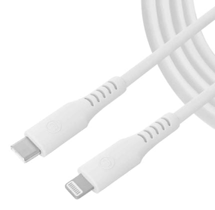 White USB-C to Lightning charging/data cable with connectors visible at each end and a coiled portion in the background
