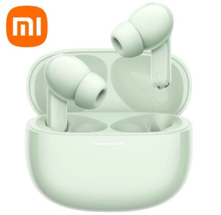 Mint green wireless earbuds in an open charging case; Xiaomi Mi logo in the top-left corner.